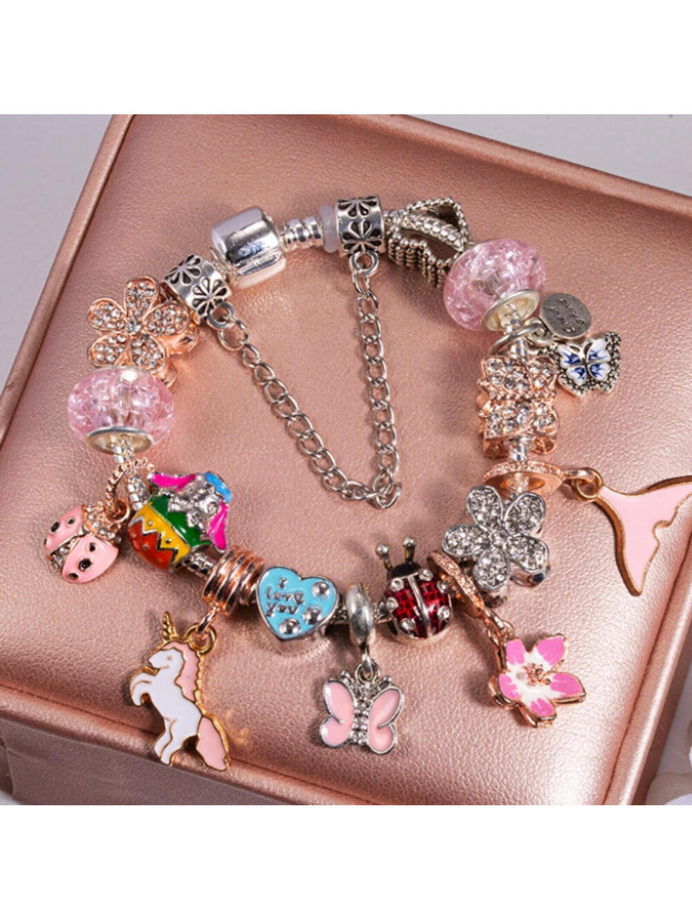 Cute Girly Charm Bracelet Unicorn Mermaid Butterfly Ladybug Heart Pink Silver